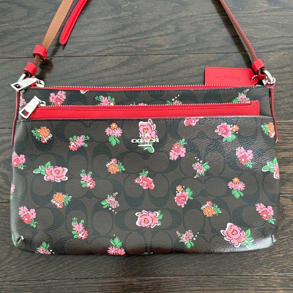 Coach Floral Crossbody Bag with Black and Brown Monogram - Silver Hardware